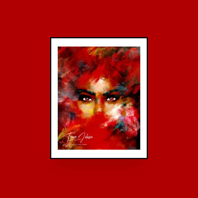 Image of a ladies face with the top and the bottom partly covered - colours a mixture of reds.